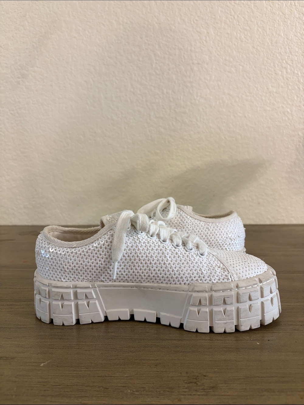 Prada White Sequins Double Wheel Platform Sneakers - Picture 6 of 11